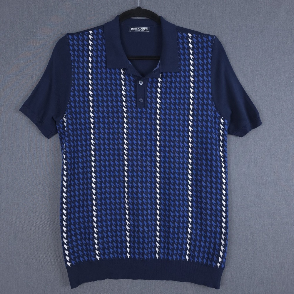 Paul Jones PJ Knit Polo Men XL Blue Houndstooth Short Sleeve Retro Vintage Style